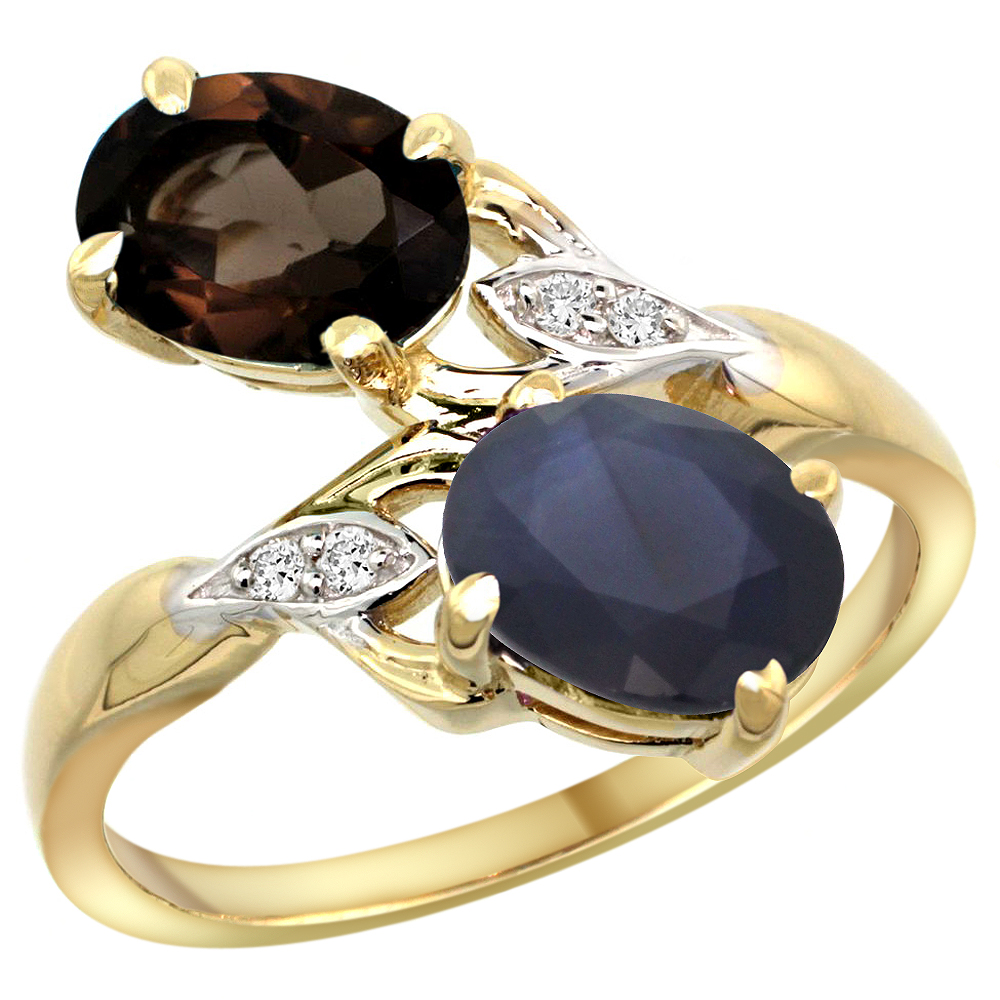 14k Yellow Gold Diamond Natural Smoky Topaz &amp;Quality Blue Sapphire 2-stone Mothers Ring Oval 8x6mm,sz5-10