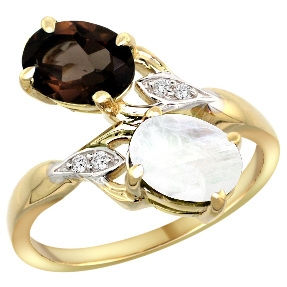10K Yellow Gold Diamond Natural Smoky Topaz &amp; Rainbow Moonstone 2-stone Ring Oval 8x6mm, sizes 5 - 10