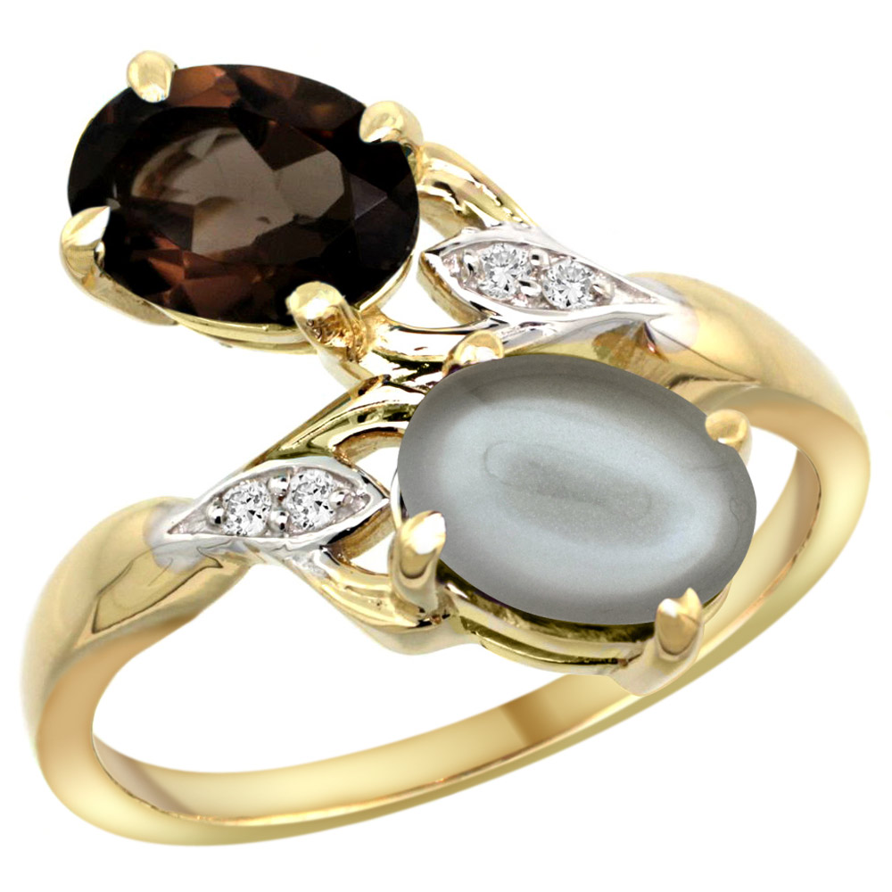 10K Yellow Gold Diamond Natural Smoky Topaz &amp; Gray Moonstone 2-stone Ring Oval 8x6mm, sizes 5 - 10