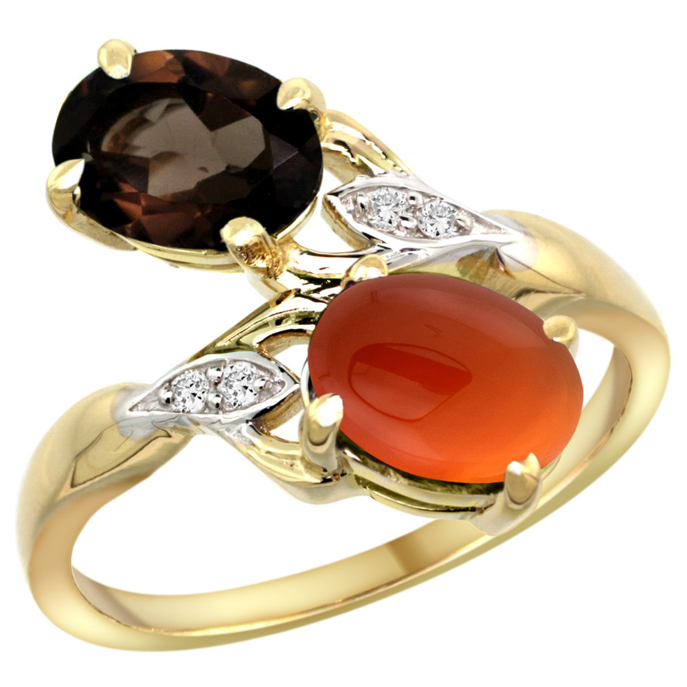 14k Yellow Gold Diamond Natural Smoky Topaz & Brown Agate 2-stone Ring Oval 8x6mm, sizes 5 - 10
