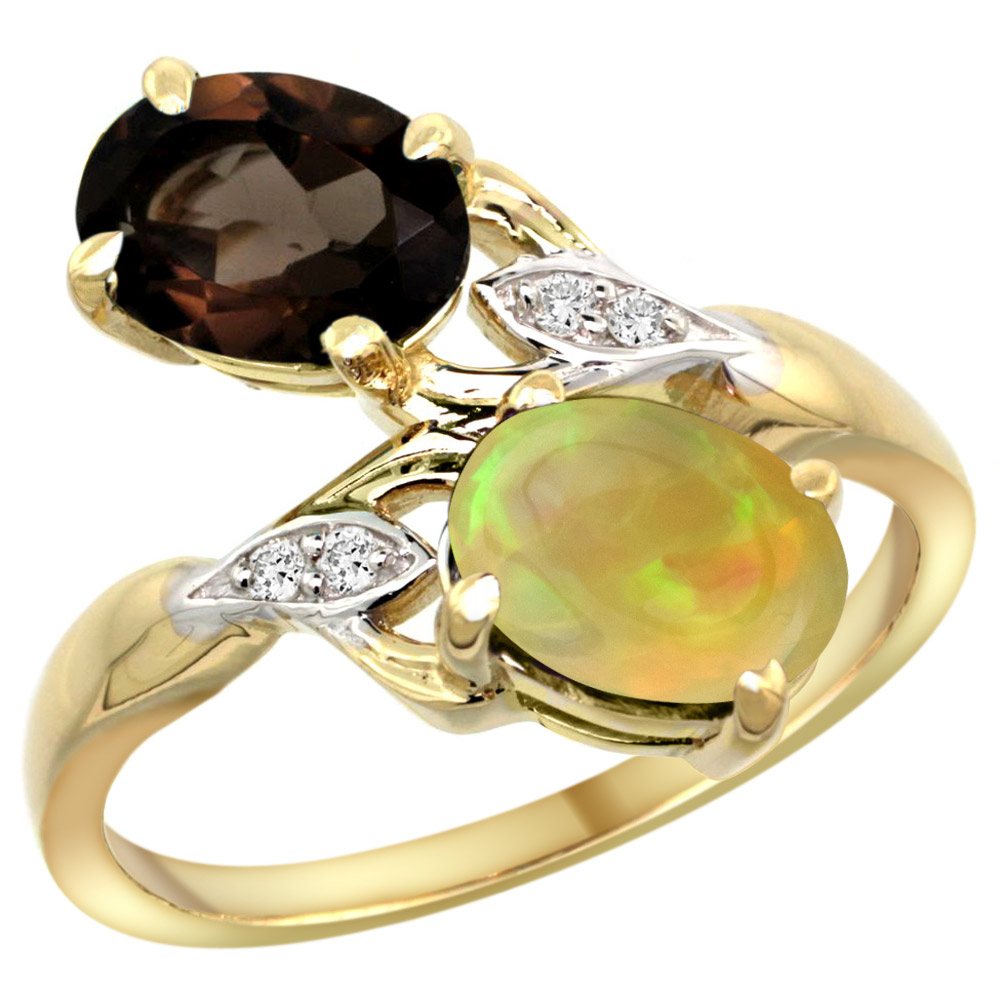 14k Yellow Gold Diamond Natural Smoky Topaz & Ethiopian Opal 2-stone Mothers Ring Oval 8x6mm, size 5 - 10