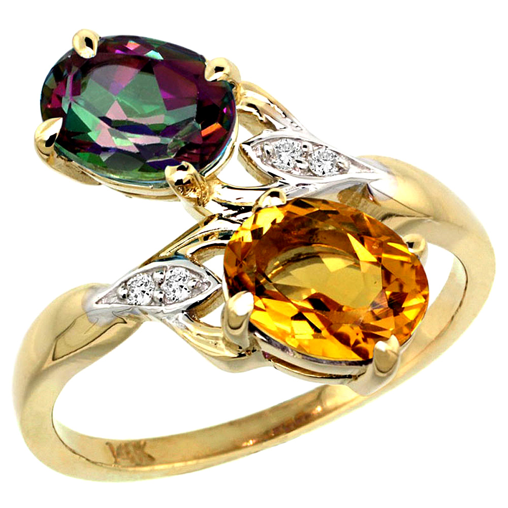 10K Yellow Gold Diamond Natural Mystic Topaz &amp; Citrine 2-stone Ring Oval 8x6mm, sizes 5 - 10