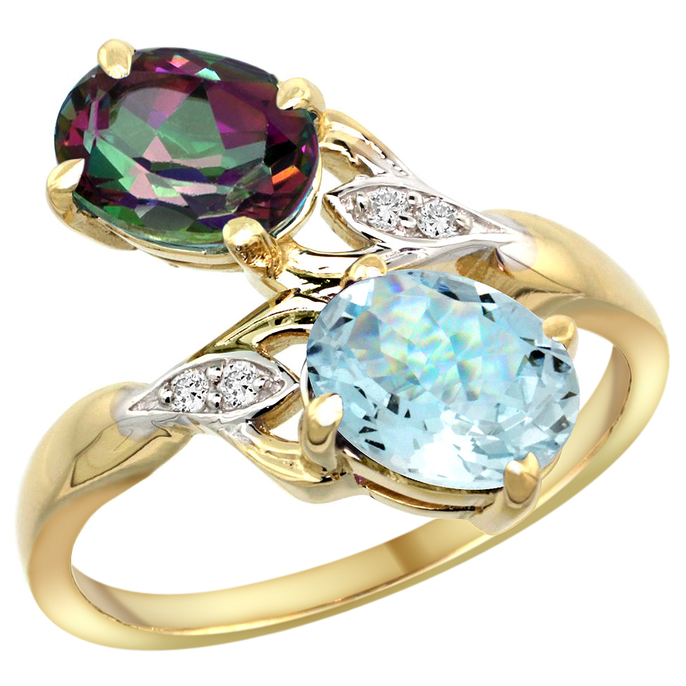 14k Yellow Gold Diamond Natural Mystic Topaz & Aquamarine 2-stone Ring Oval 8x6mm, sizes 5 - 10