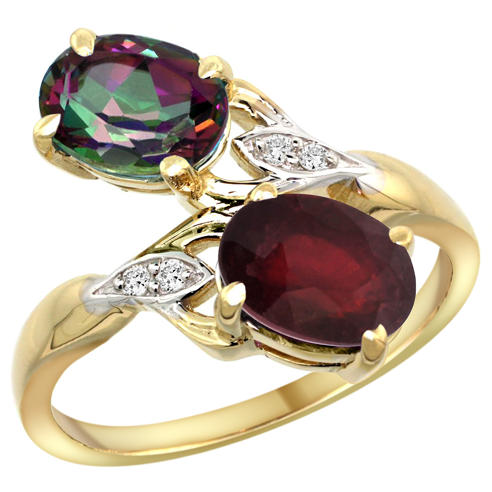 10K YELLOW GOLD DIAMOND NATURAL MYSTIC TOPAZ & ENHANCED GENUINE RUBY 2-STONE RING OVAL 8X6MM, SIZES 5 - 10