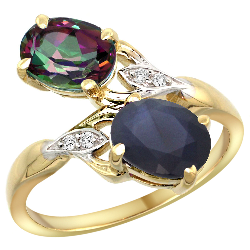 14k Yellow Gold Diamond Natural Mystic Topaz & Blue Sapphire 2-stone Ring Oval 8x6mm, sizes 5 - 10