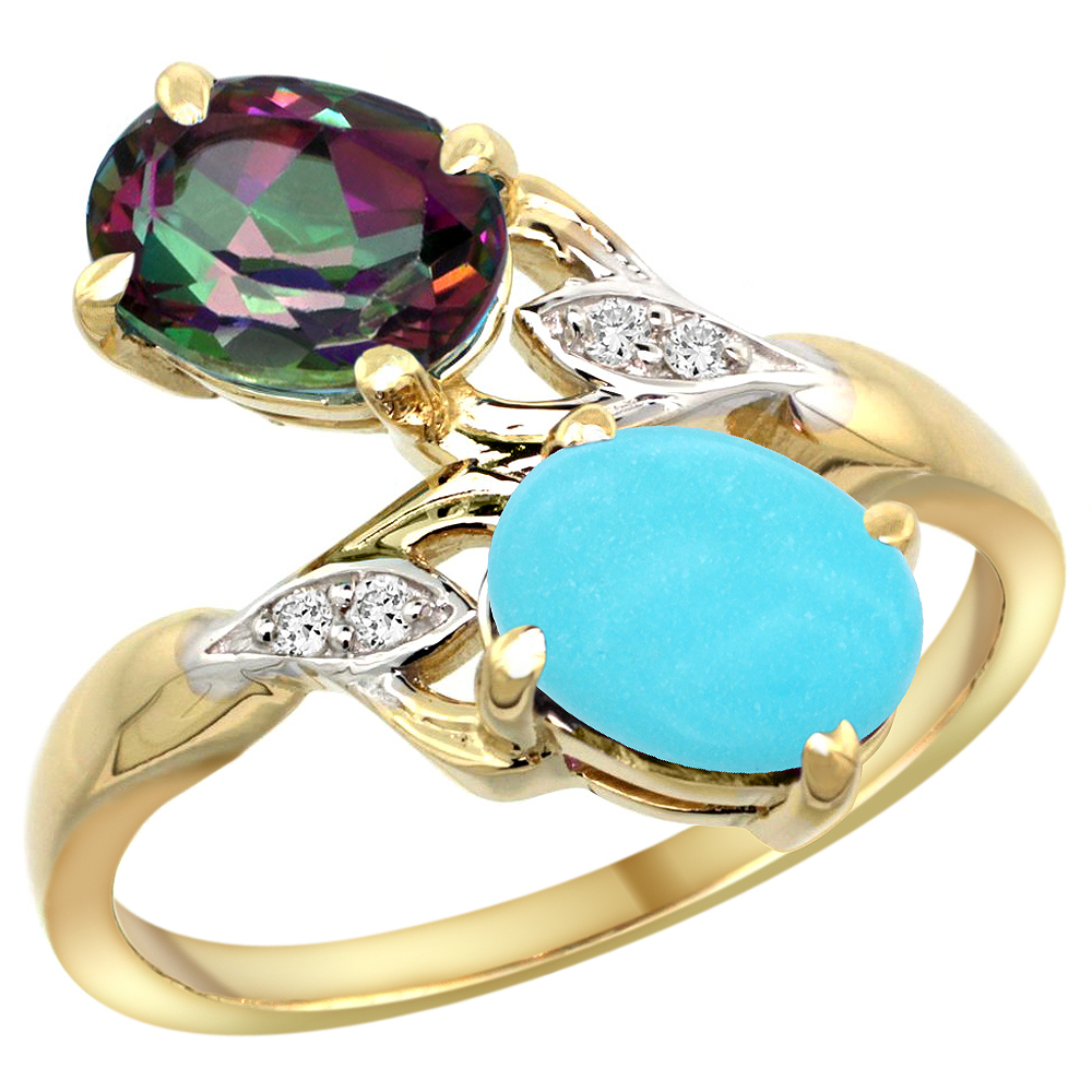 10K Yellow Gold Diamond Natural Mystic Topaz &amp; Turquoise 2-stone Ring Oval 8x6mm, sizes 5 - 10