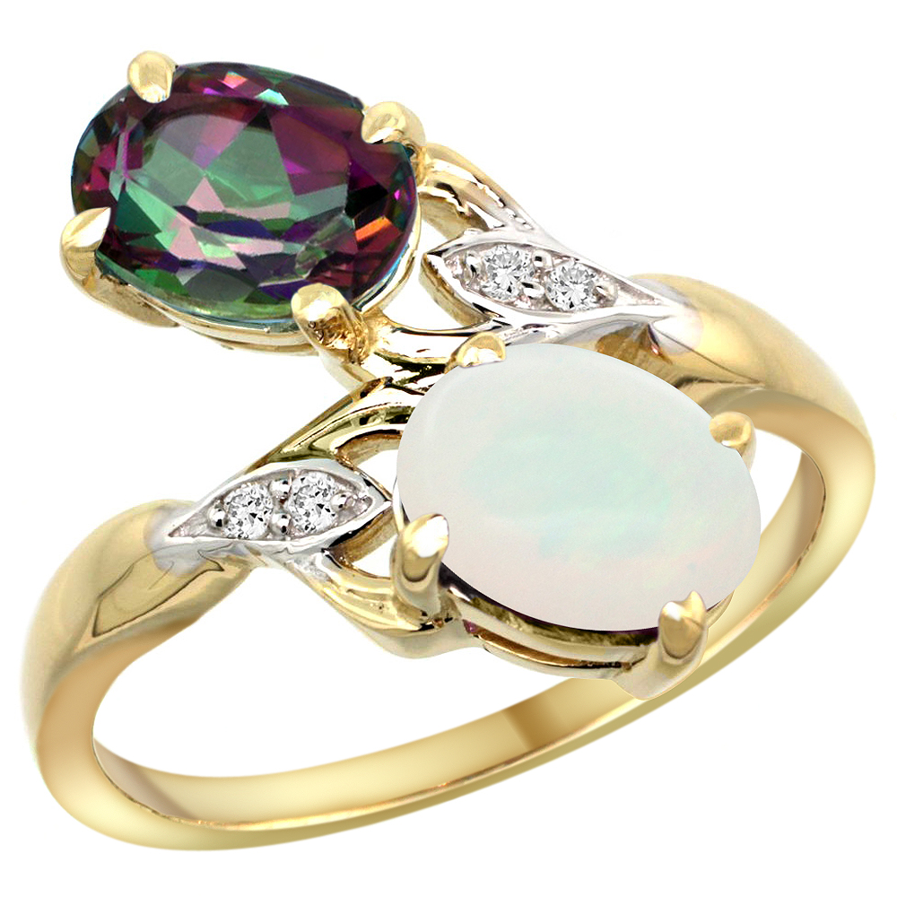 10K YELLOW GOLD DIAMOND NATURAL MYSTIC TOPAZ & OPAL 2-STONE RING OVAL 8X6MM, SIZES 5 - 10