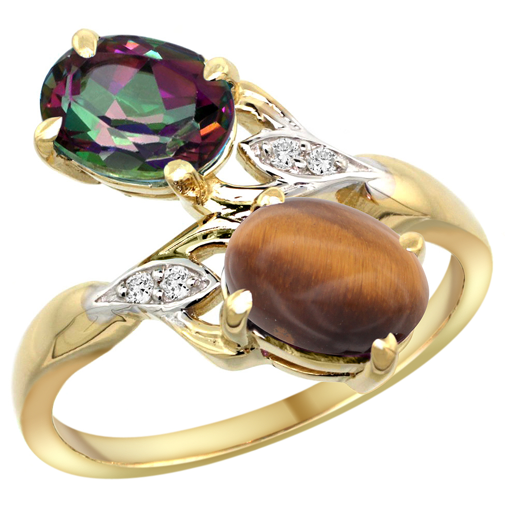 10K YELLOW GOLD DIAMOND NATURAL MYSTIC TOPAZ & TIGER EYE 2-STONE RING OVAL 8X6MM, SIZES 5 - 10