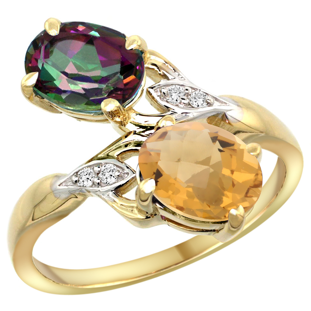 10K YELLOW GOLD DIAMOND NATURAL MYSTIC TOPAZ & WHISKY QUARTZ 2-STONE RING OVAL 8X6MM, SIZES 5 - 10