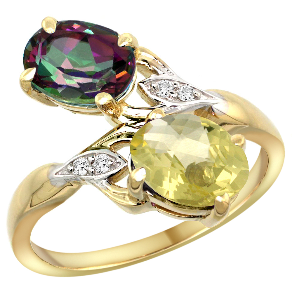 10K Yellow Gold Diamond Natural Mystic Topaz &amp; Lemon Quartz 2-stone Ring Oval 8x6mm, sizes 5 - 10