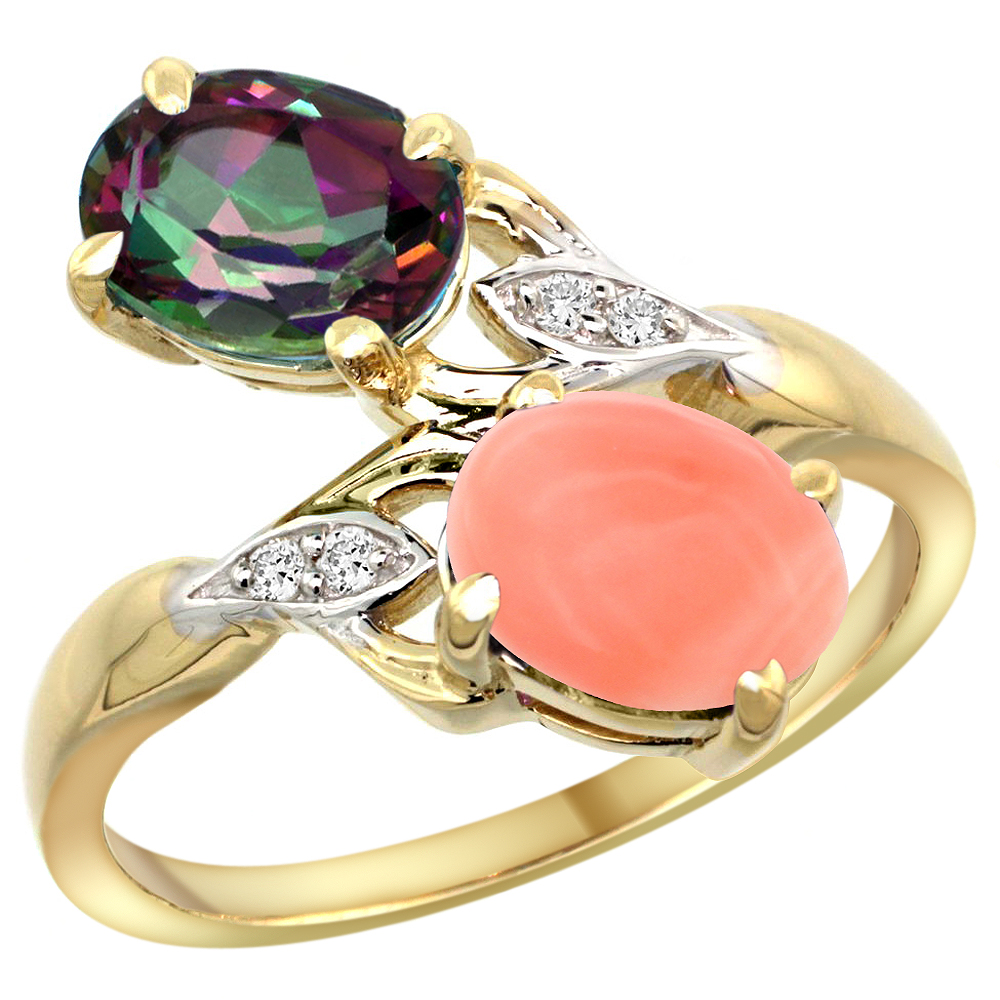 10K YELLOW GOLD DIAMOND NATURAL MYSTIC TOPAZ & CORAL 2-STONE RING OVAL 8X6MM, SIZES 5 - 10