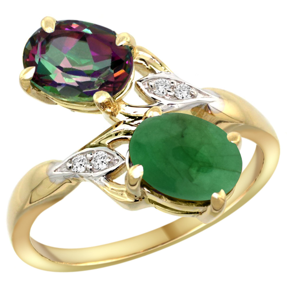 14k Yellow Gold Diamond Natural Mystic Topaz &amp; Cabochon Emerald 2-stone Ring Oval 8x6mm, sizes 5 - 10
