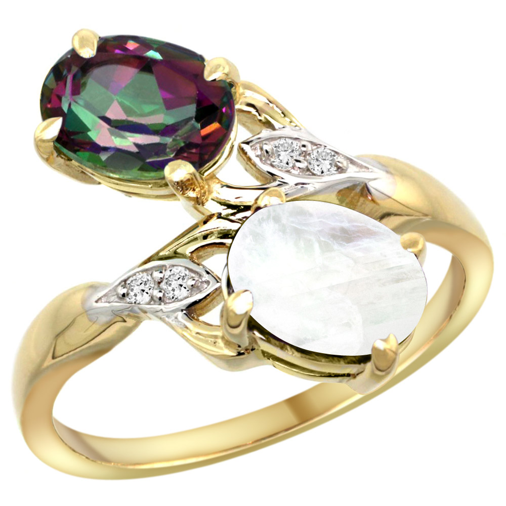 10K YELLOW GOLD DIAMOND NATURAL MYSTIC TOPAZ & RAINBOW MOONSTONE 2-STONE RING OVAL 8X6MM, SIZES 5 - 10