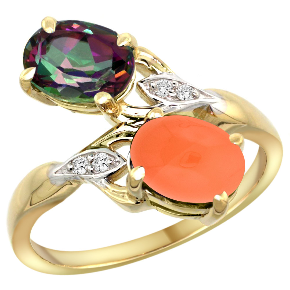 10K YELLOW GOLD DIAMOND NATURAL MYSTIC TOPAZ & ORANGE MOONSTONE 2-STONE RING OVAL 8X6MM, SIZES 5 - 10