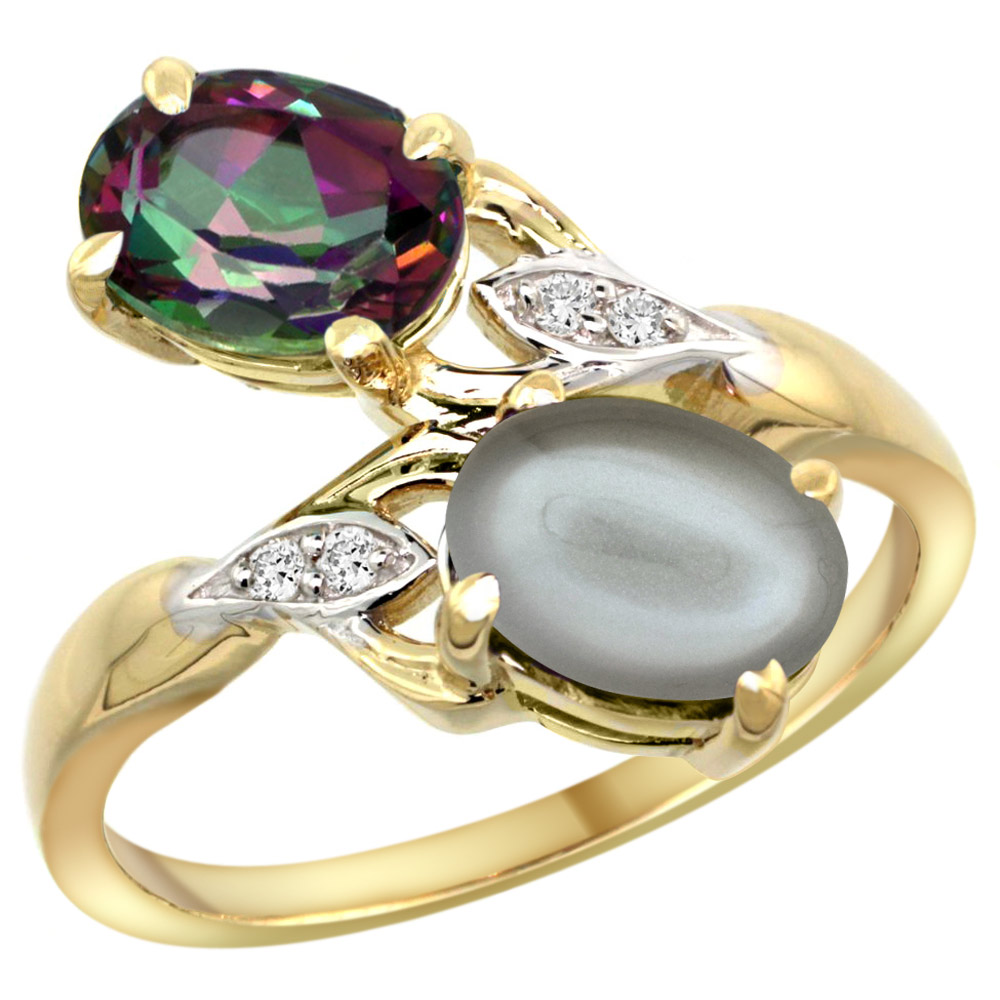10K YELLOW GOLD DIAMOND NATURAL MYSTIC TOPAZ & GRAY MOONSTONE 2-STONE RING OVAL 8X6MM, SIZES 5 - 10