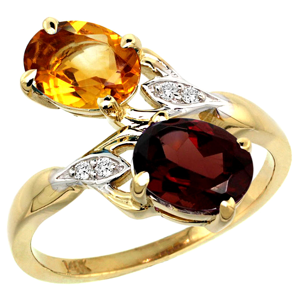 14K YELLOW GOLD DIAMOND NATURAL CITRINE & GARNET 2-STONE RING OVAL 8X6MM, SIZES 5 - 10