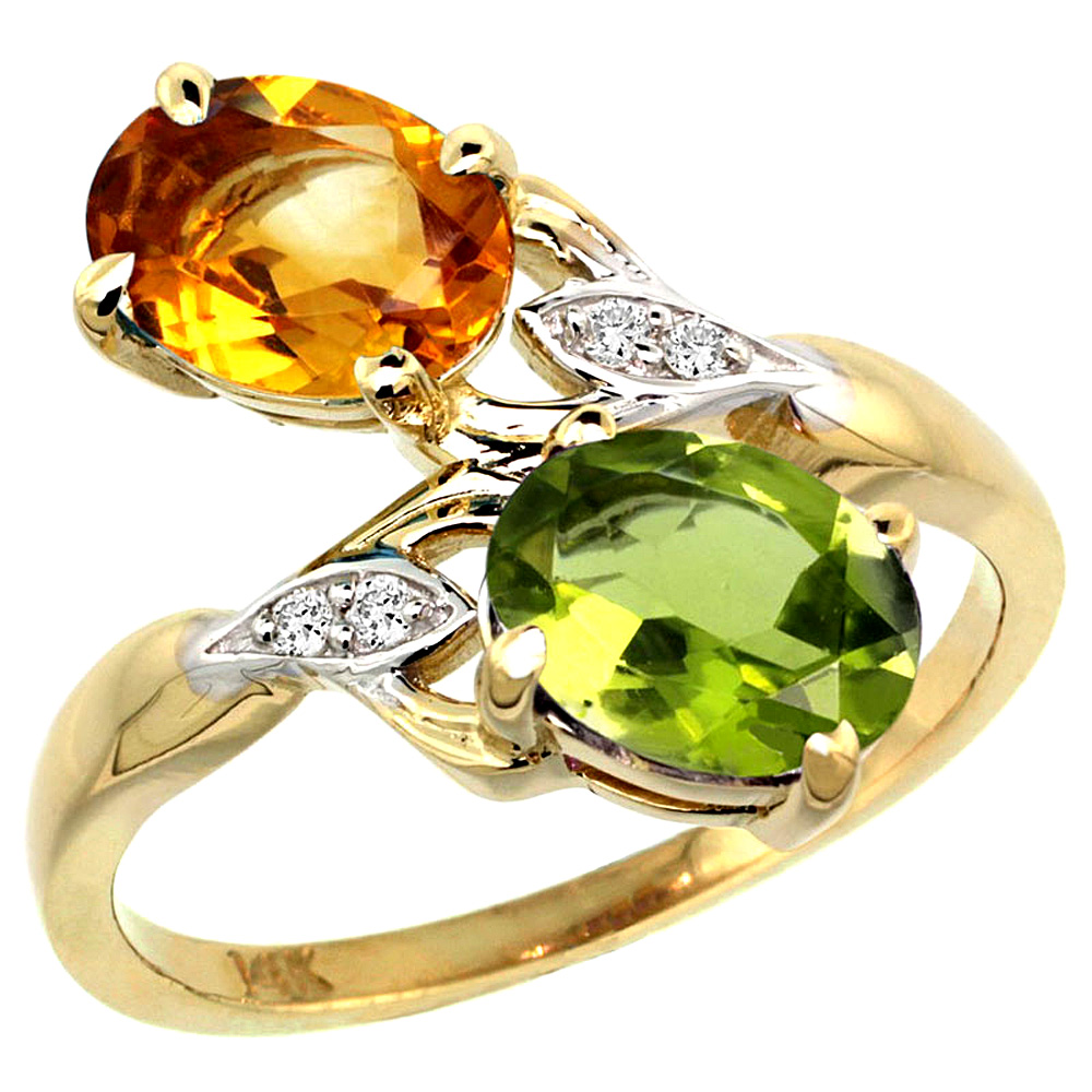 14K YELLOW GOLD DIAMOND NATURAL CITRINE & PERIDOT 2-STONE RING OVAL 8X6MM, SIZES 5 - 10