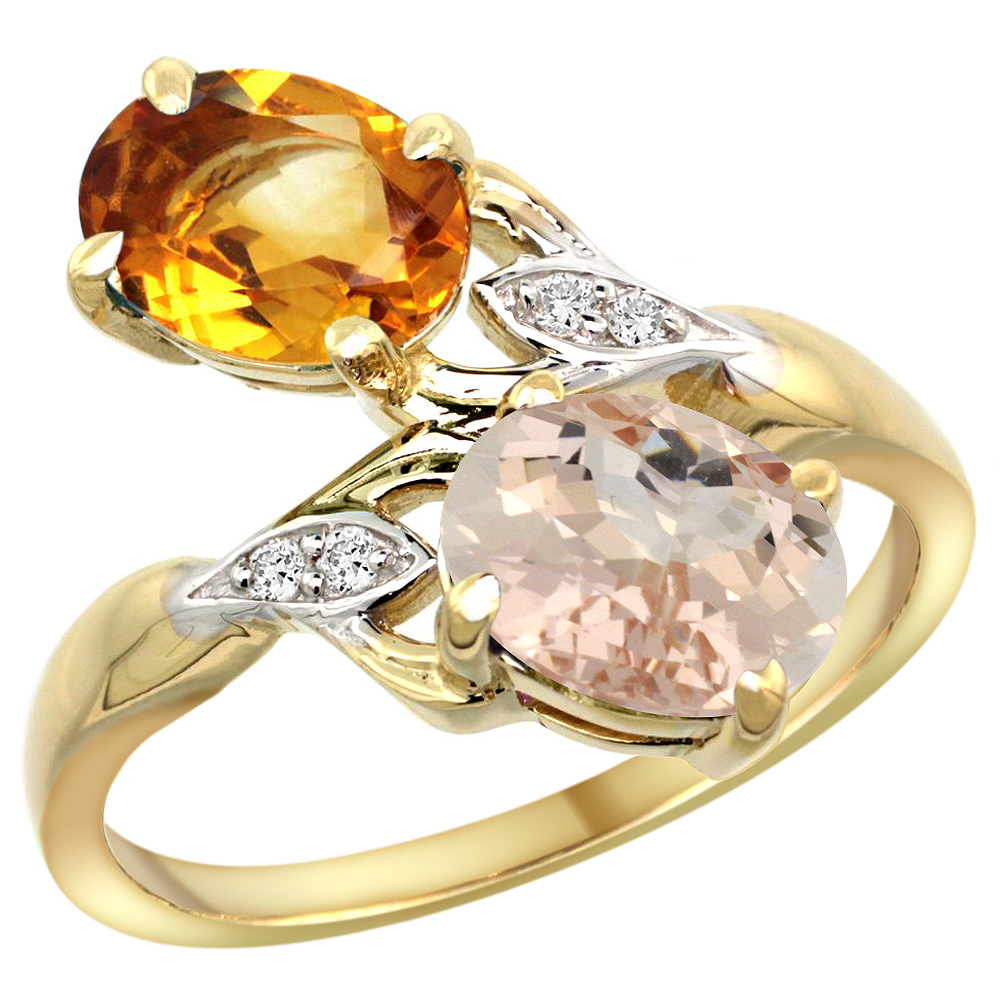 10K YELLOW GOLD DIAMOND NATURAL CITRINE & MORGANITE 2-STONE RING OVAL 8X6MM, SIZES 5 - 10