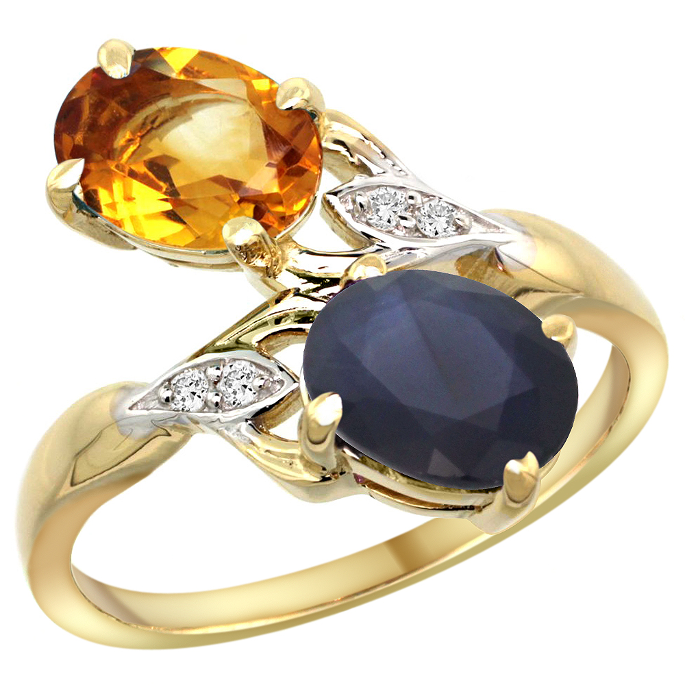 10K Yellow Gold Diamond Natural Citrine &amp; Blue Sapphire 2-stone Ring Oval 8x6mm, sizes 5 - 10