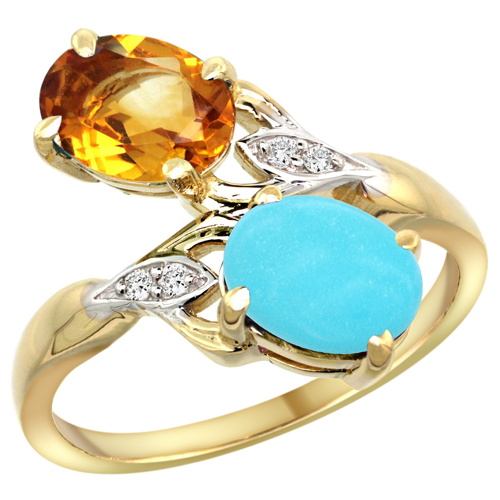 10K YELLOW GOLD DIAMOND NATURAL CITRINE & TURQUOISE 2-STONE RING OVAL 8X6MM, SIZES 5 - 10