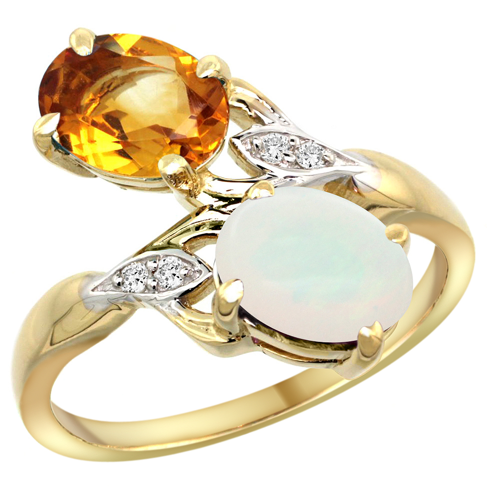 14k Yellow Gold Diamond Natural Citrine &amp; Opal 2-stone Ring Oval 8x6mm, sizes 5 - 10