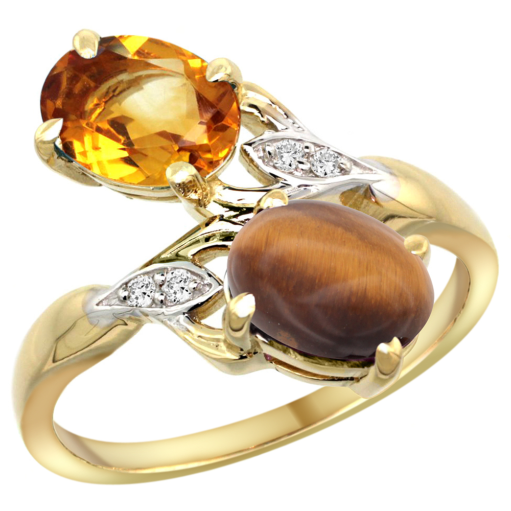 14k Yellow Gold Diamond Natural Citrine &amp; Tiger Eye 2-stone Ring Oval 8x6mm, sizes 5 - 10