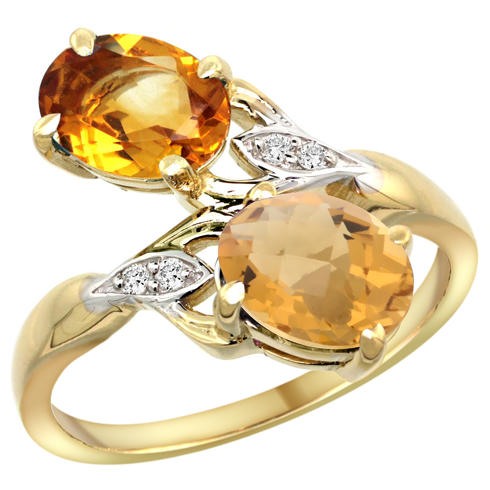 10K Yellow Gold Diamond Natural Citrine &amp; Whisky Quartz 2-stone Ring Oval 8x6mm, sizes 5 - 10