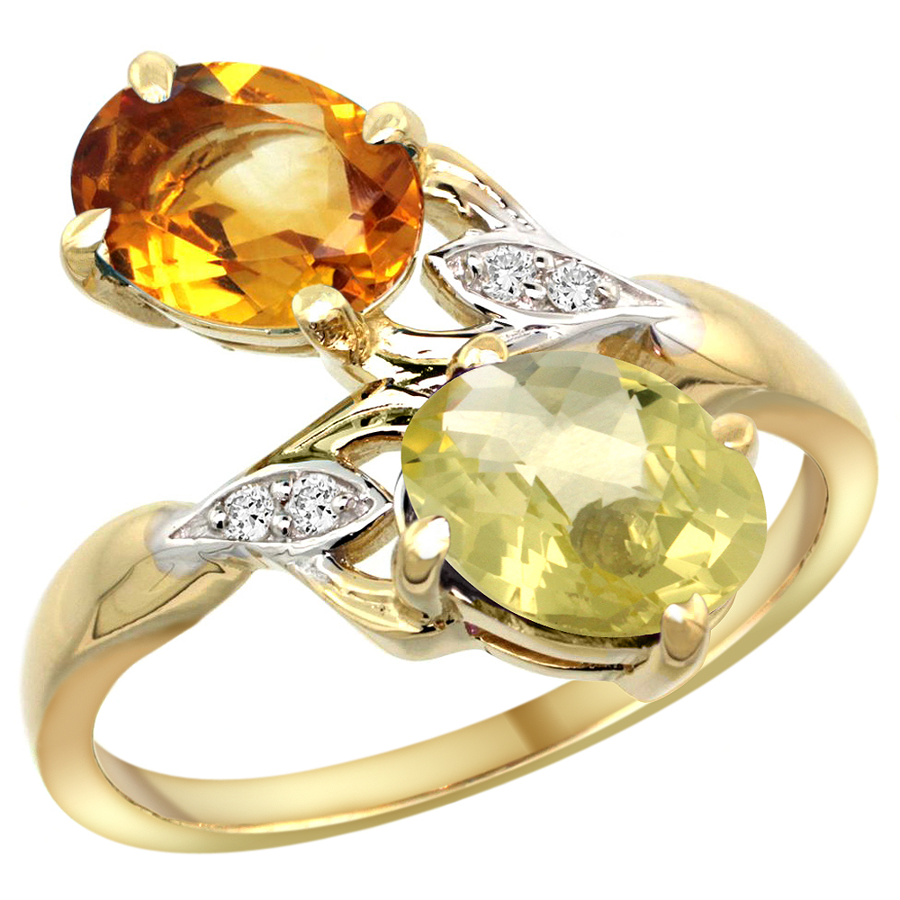 14k Yellow Gold Diamond Natural Citrine & Lemon Quartz 2-stone Ring Oval 8x6mm, sizes 5 - 10