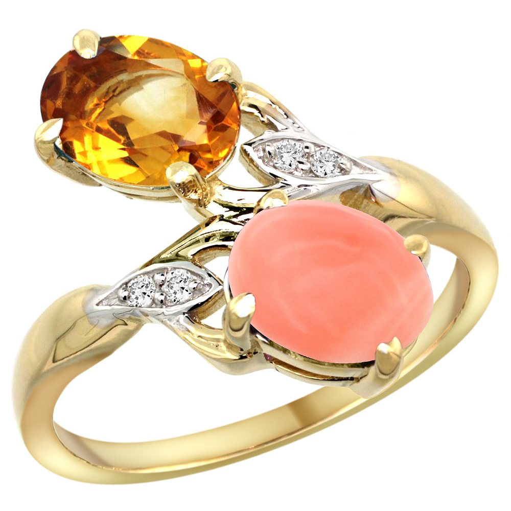14k Yellow Gold Diamond Natural Citrine &amp; Coral 2-stone Ring Oval 8x6mm, sizes 5 - 10