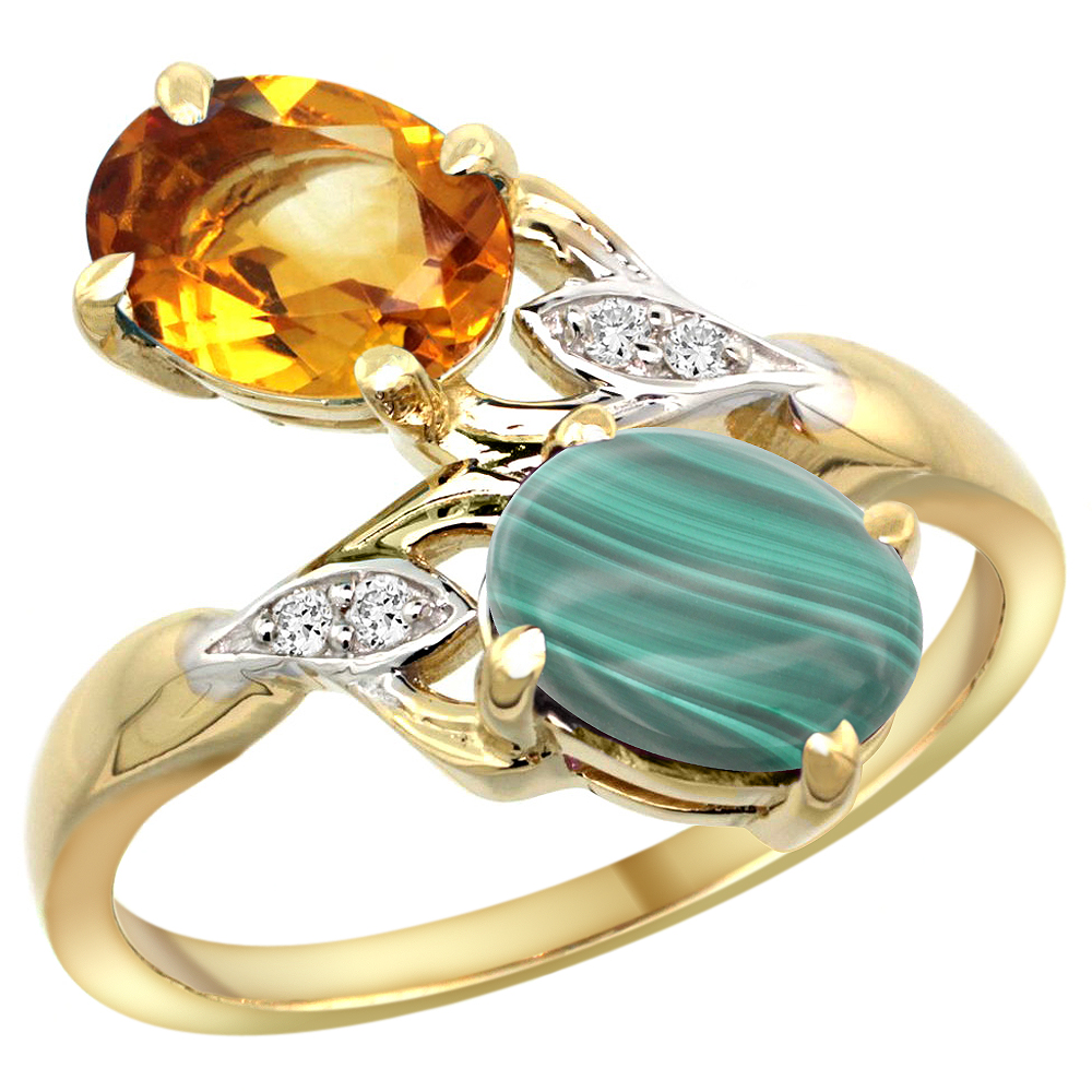 10K YELLOW GOLD DIAMOND NATURAL CITRINE & MALACHITE 2-STONE RING OVAL 8X6MM, SIZES 5 - 10