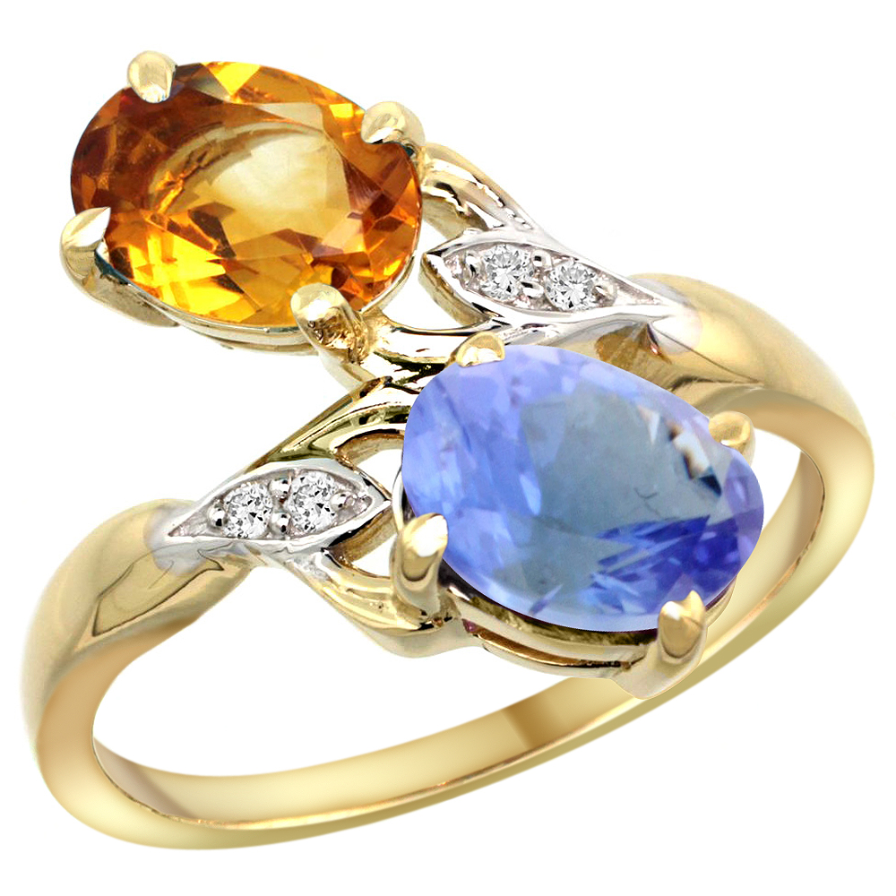 10K YELLOW GOLD DIAMOND NATURAL CITRINE & TANZANITE 2-STONE RING OVAL 8X6MM, SIZES 5 - 10