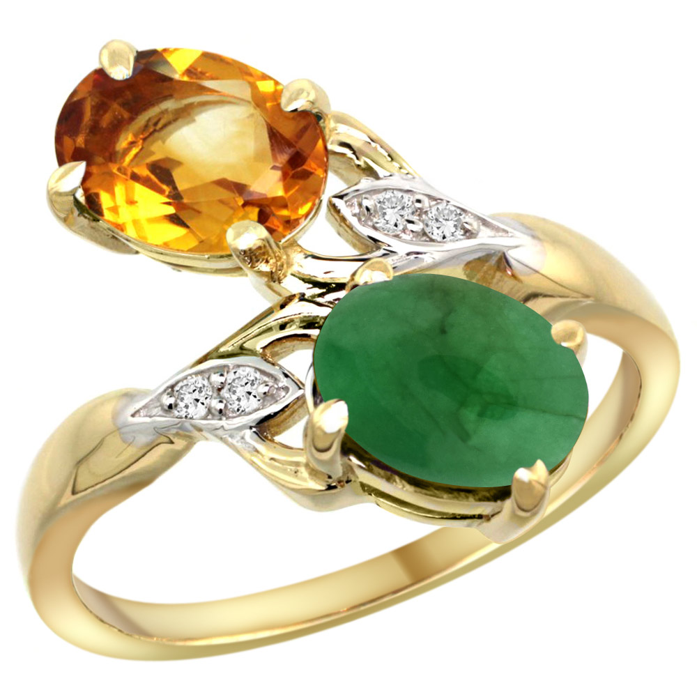 10K Yellow Gold Diamond Natural Citrine &amp; Cabochon Emerald 2-stone Ring Oval 8x6mm, sizes 5 - 10