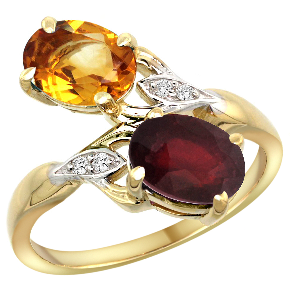 10K YELLOW GOLD DIAMOND NATURAL CITRINE RUBY 2-STONE MOTHERS RING OVAL 8X6MM SIZE 5 - 10