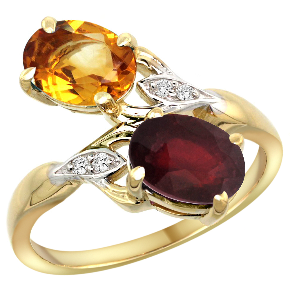 14k Yellow Gold Diamond Natural Citrine & Quality Ruby 2-stone Mothers Ring Oval 8x6mm, size 5 - 10