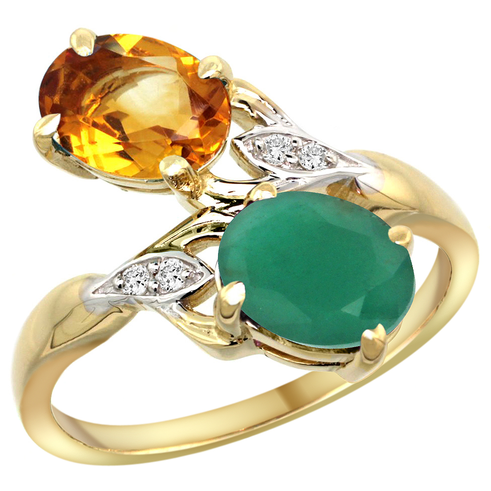 14k Yellow Gold Diamond Natural Citrine &amp; Quality Emerald 2-stone Mothers Ring Oval 8x6mm, size 5 - 10