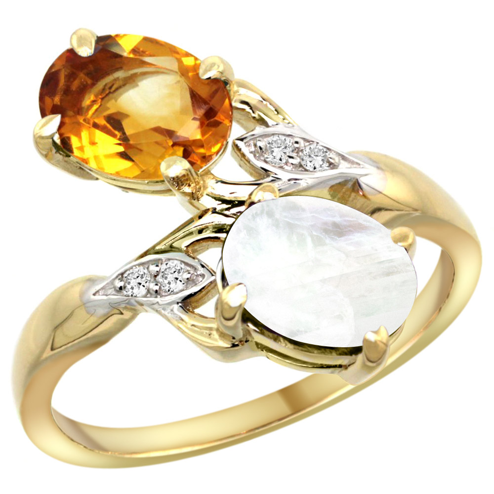 14k Yellow Gold Diamond Natural Citrine & Rainbow Moonstone 2-stone Ring Oval 8x6mm, sizes 5 - 10