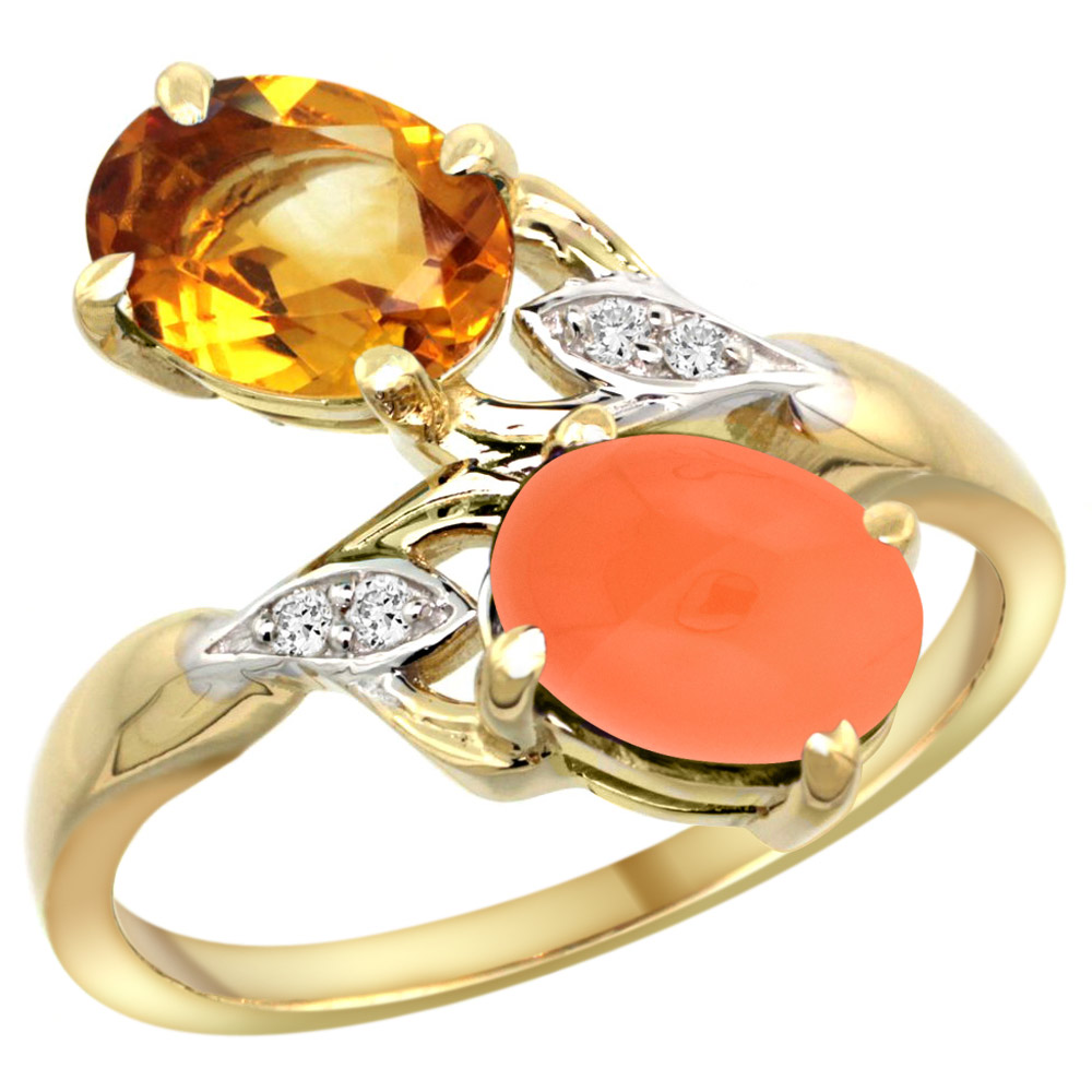 14k Yellow Gold Diamond Natural Citrine &amp; Orange Moonstone 2-stone Ring Oval 8x6mm, sizes 5 - 10