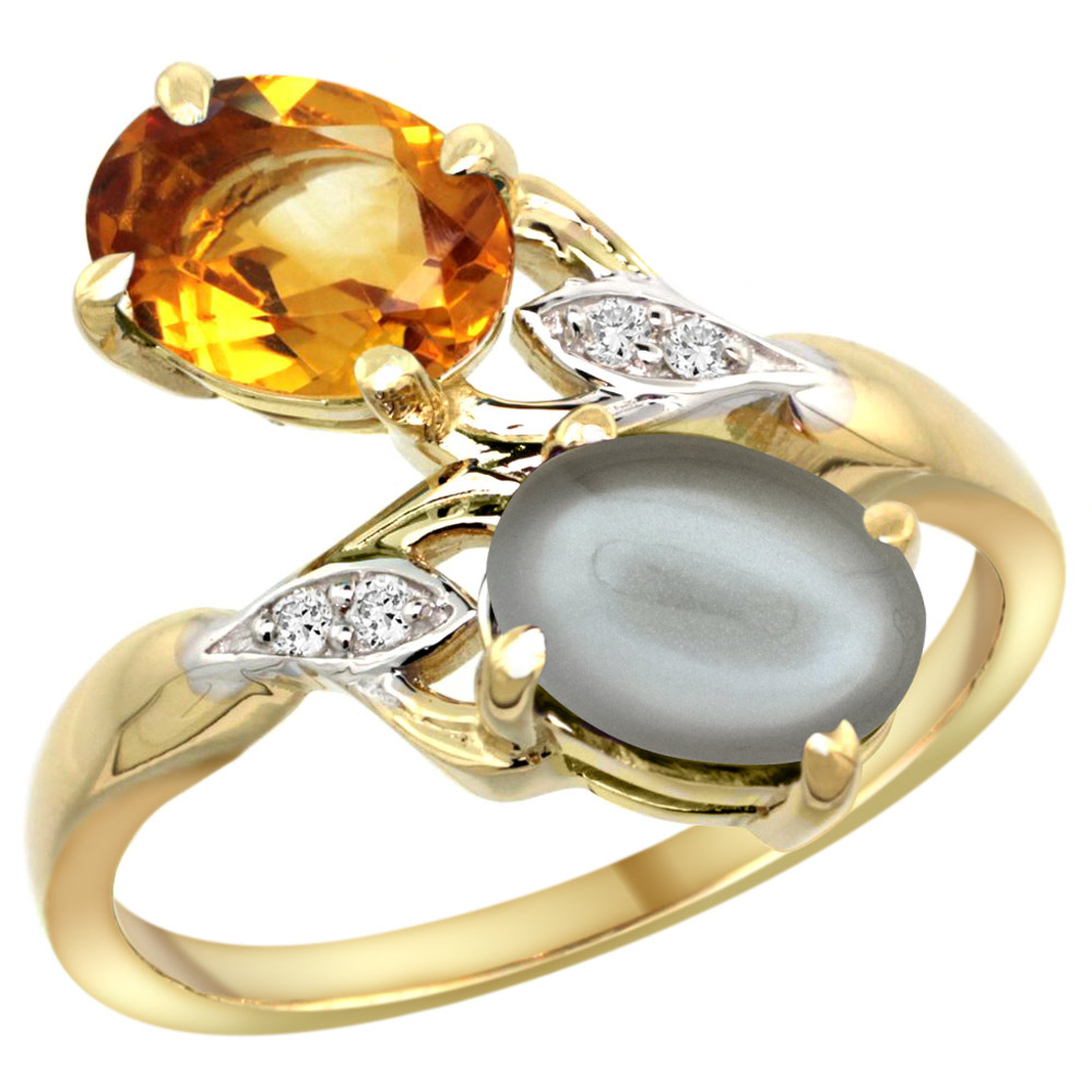 10K Yellow Gold Diamond Natural Citrine &amp; Gray Moonstone 2-stone Ring Oval 8x6mm, sizes 5 - 10