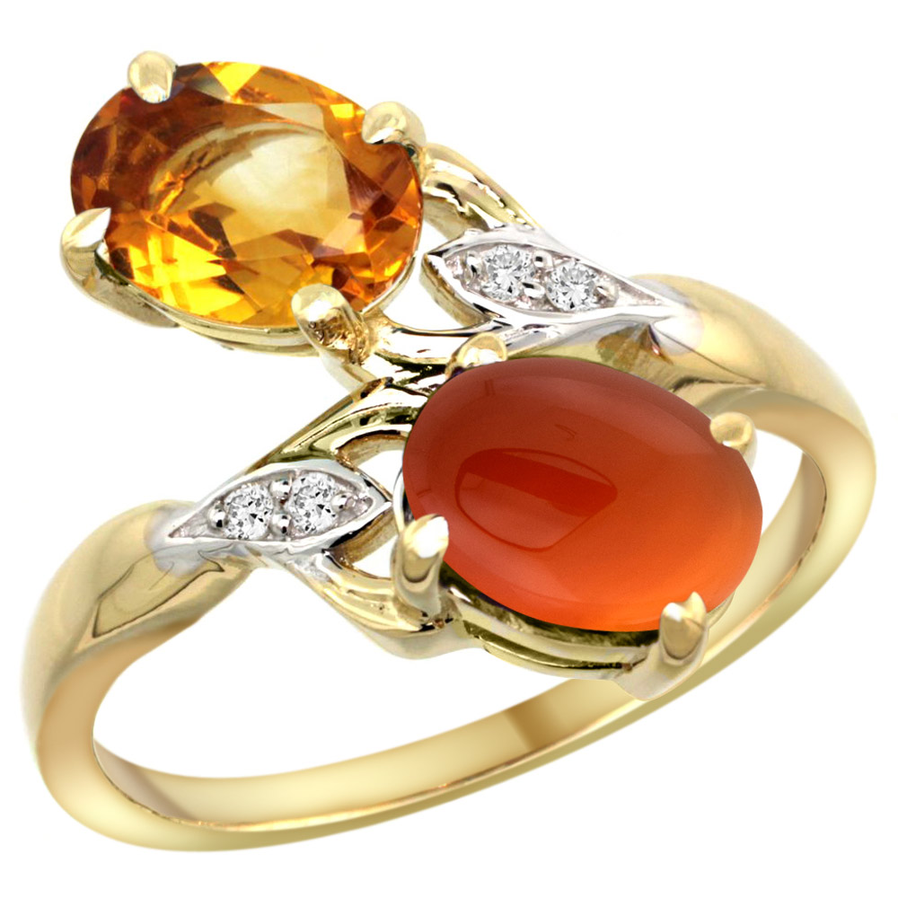 14k Yellow Gold Diamond Natural Citrine &amp; Brown Agate 2-stone Ring Oval 8x6mm, sizes 5 - 10