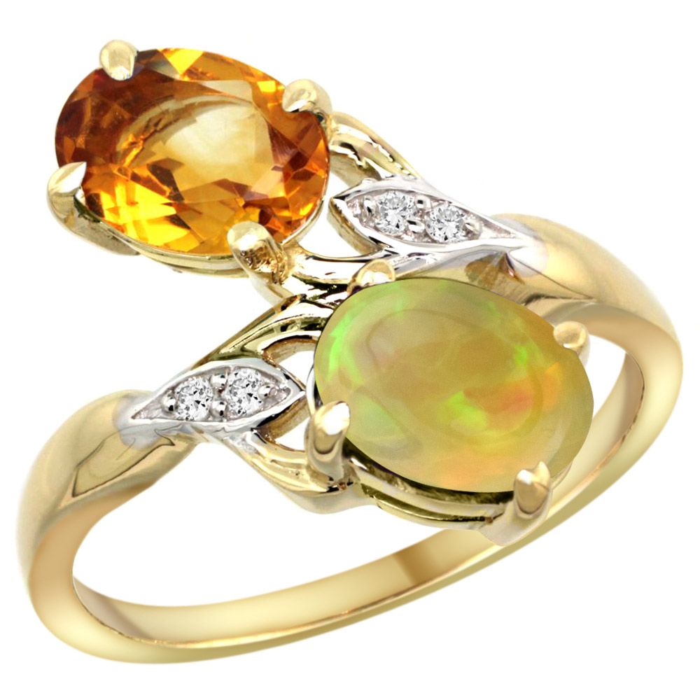 10K Yellow Gold Diamond Natural Citrine &amp; Ethiopian Opal 2-stone Mothers Ring Oval 8x6mm, size 5 - 10