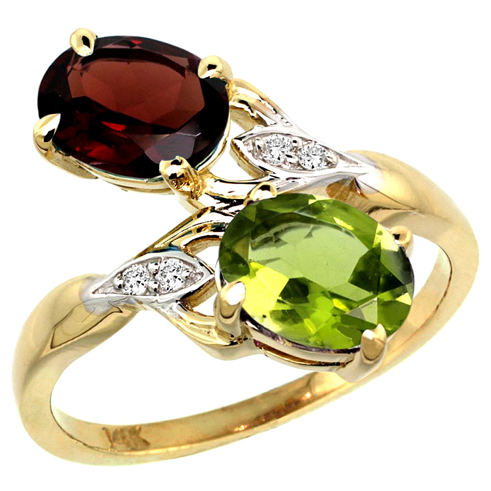 14k Yellow Gold Diamond Natural Garnet & Peridot 2-stone Ring Oval 8x6mm, sizes 5 - 10