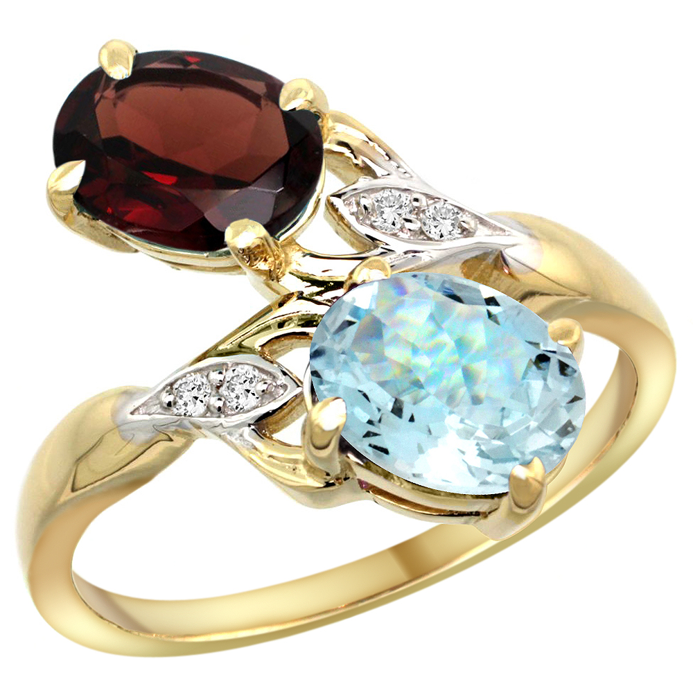 10K Yellow Gold Diamond Natural Garnet &amp; Aquamarine 2-stone Ring Oval 8x6mm, sizes 5 - 10