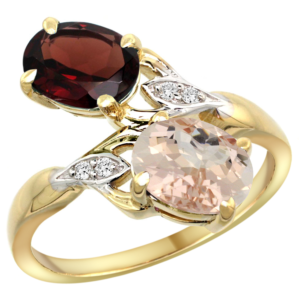 10K YELLOW GOLD DIAMOND NATURAL GARNET & MORGANITE 2-STONE RING OVAL 8X6MM, SIZES 5 - 10