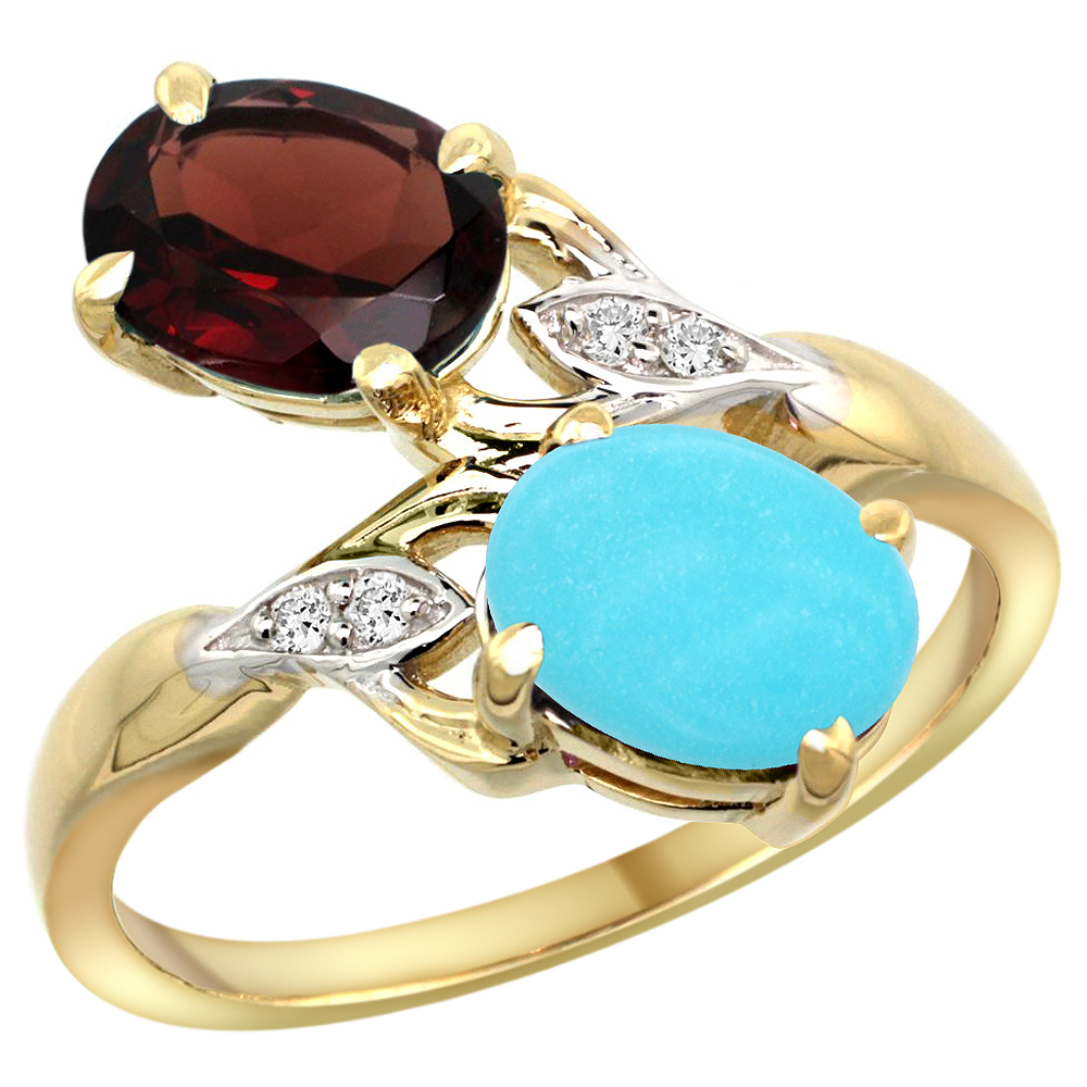 10K YELLOW GOLD DIAMOND NATURAL GARNET & TURQUOISE 2-STONE RING OVAL 8X6MM, SIZES 5 - 10