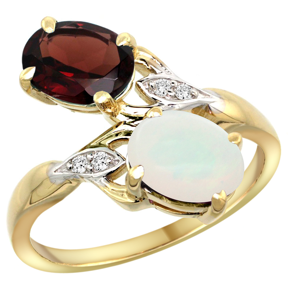 14k Yellow Gold Diamond Natural Garnet &amp; Opal 2-stone Ring Oval 8x6mm, sizes 5 - 10