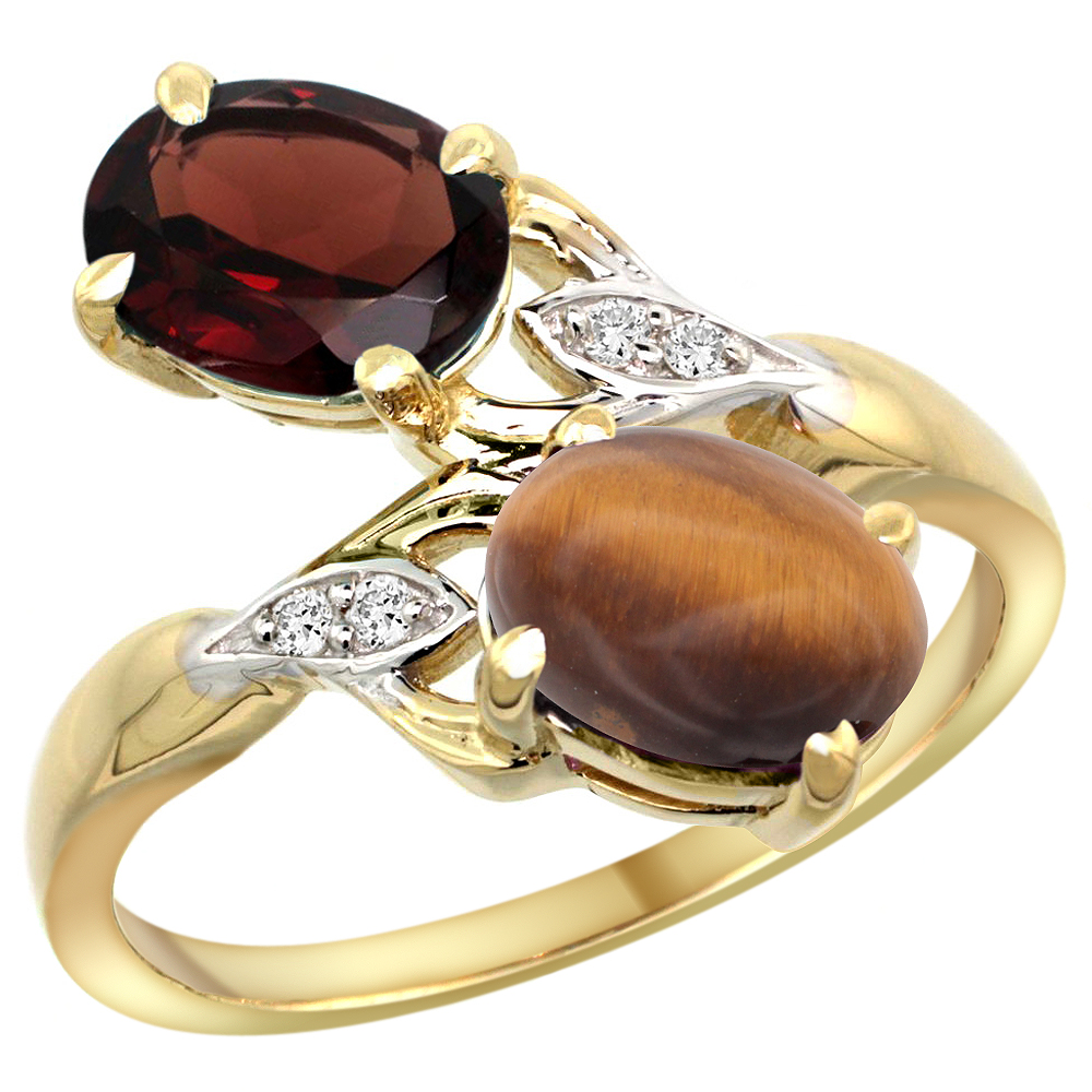 14k Yellow Gold Diamond Natural Garnet &amp; Tiger Eye 2-stone Ring Oval 8x6mm, sizes 5 - 10