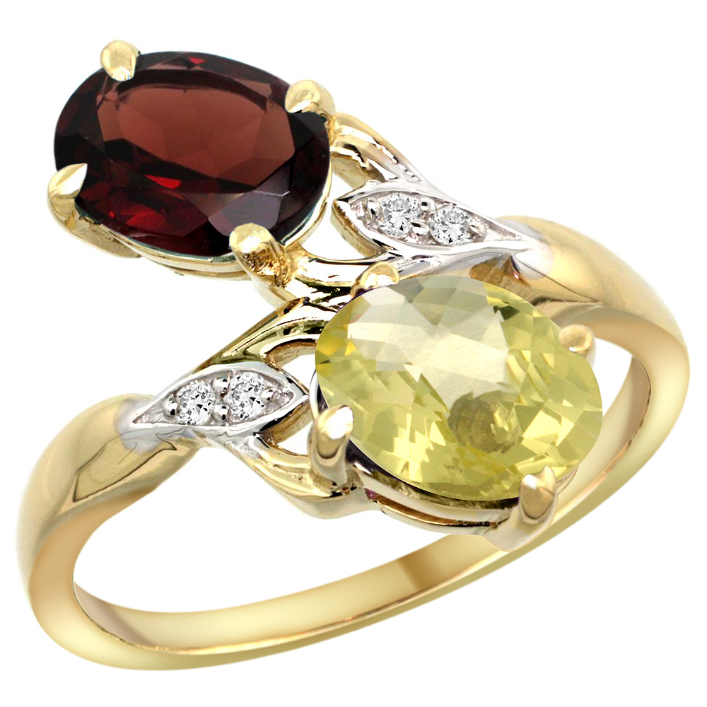 14k Yellow Gold Diamond Natural Garnet &amp; Lemon Quartz 2-stone Ring Oval 8x6mm, sizes 5 - 10