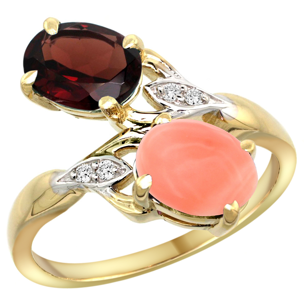 14k Yellow Gold Diamond Natural Garnet &amp; Coral 2-stone Ring Oval 8x6mm, sizes 5 - 10