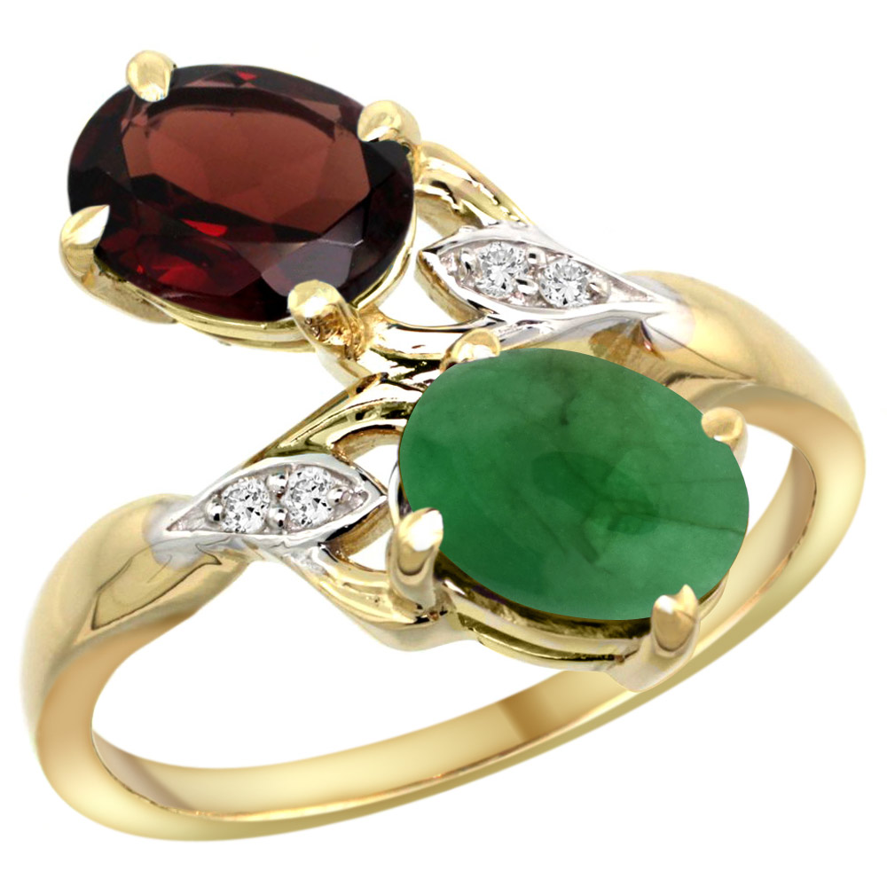 14k Yellow Gold Diamond Natural Garnet &amp; Cabochon Emerald 2-stone Ring Oval 8x6mm, sizes 5 - 10