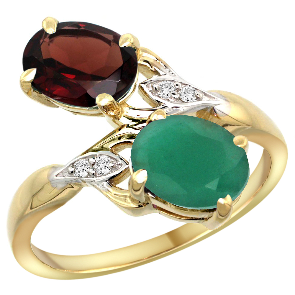 14k Yellow Gold Diamond Natural Garnet &amp; Quality Emerald 2-stone Mothers Ring Oval 8x6mm, size 5 - 10